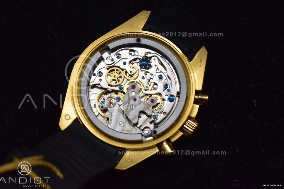 HighQuality RMF Edition in Moonshine Best Strap YG Dial Gold Black Rubber Moonwatch Speedmaster 456 on YG Manual Chrono 0216